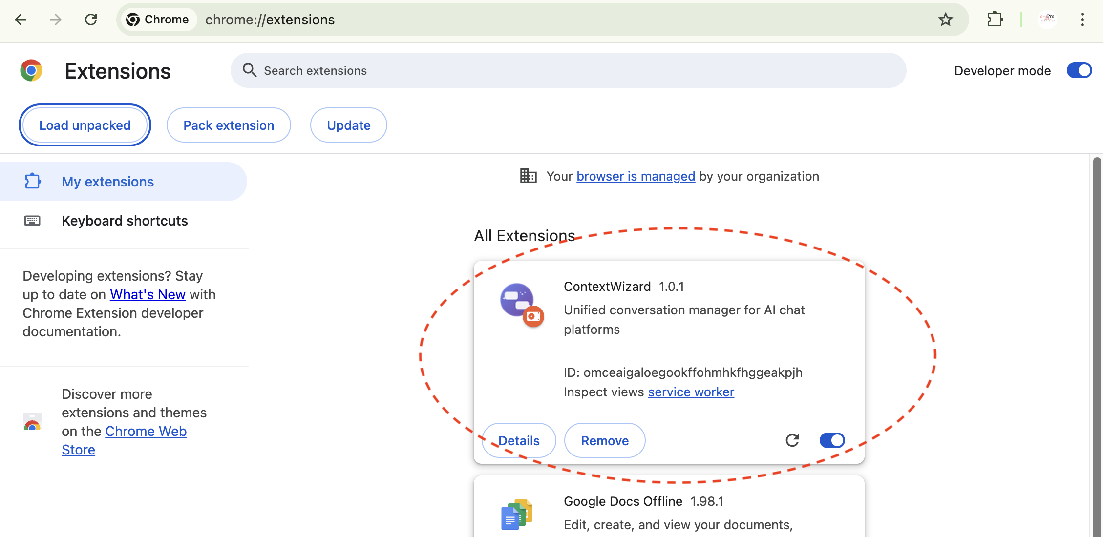 Chrome extensions page showing ContextWizard installed in the All Extensions list