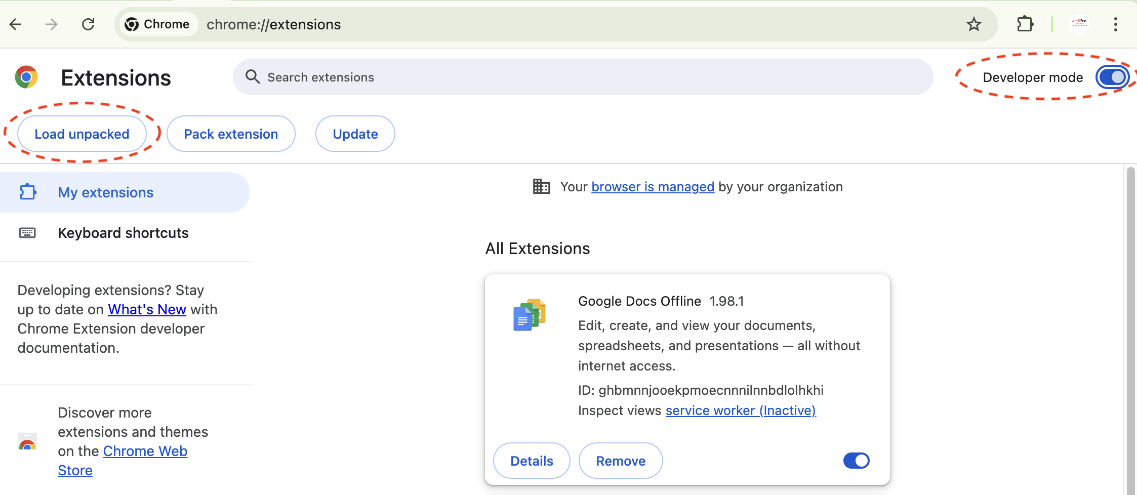 Chrome extensions page with Developer mode toggle turned on and Load unpacked button visible