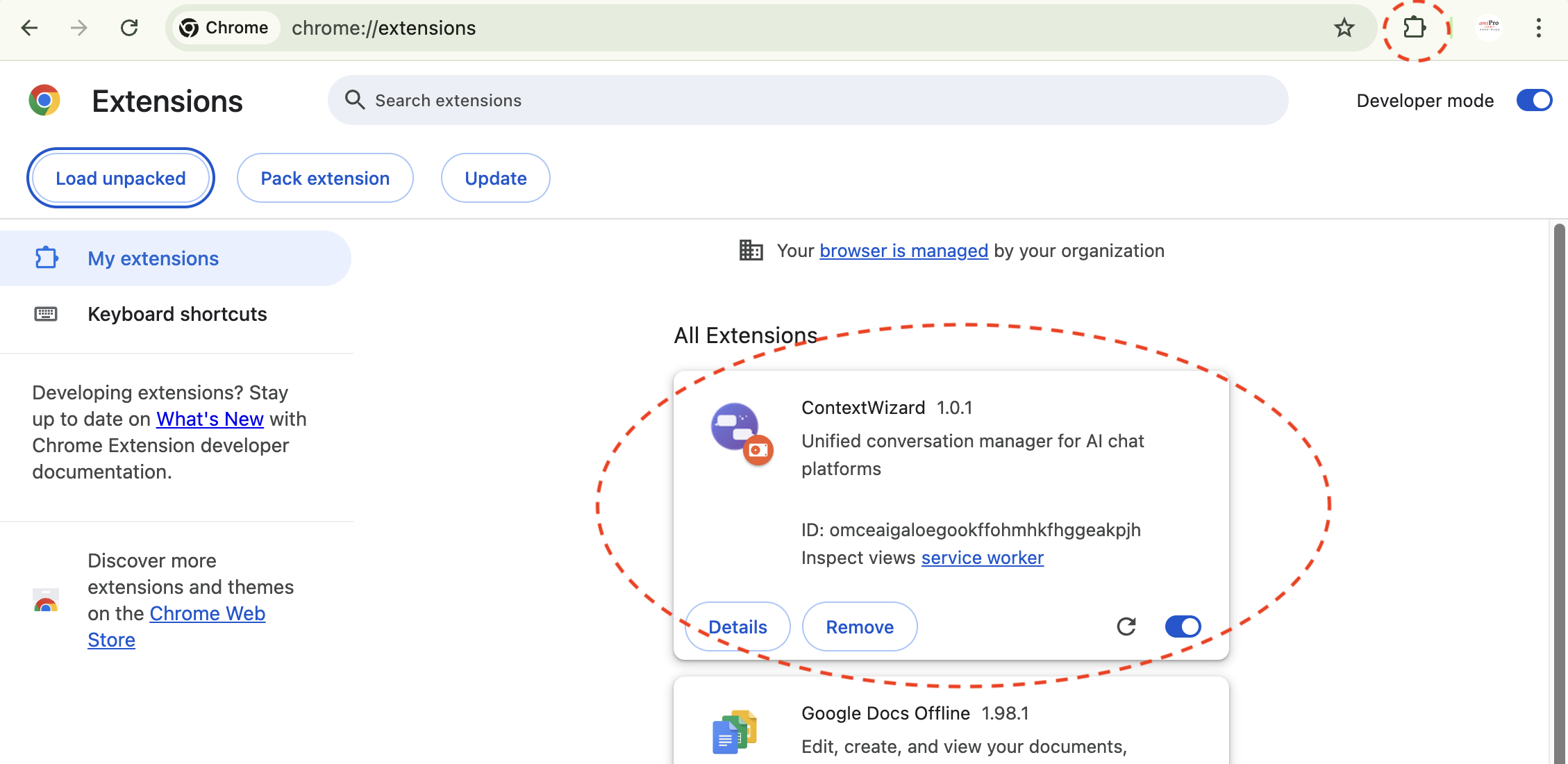 Chrome extensions page showing ContextWizard installed in the All Extensions list